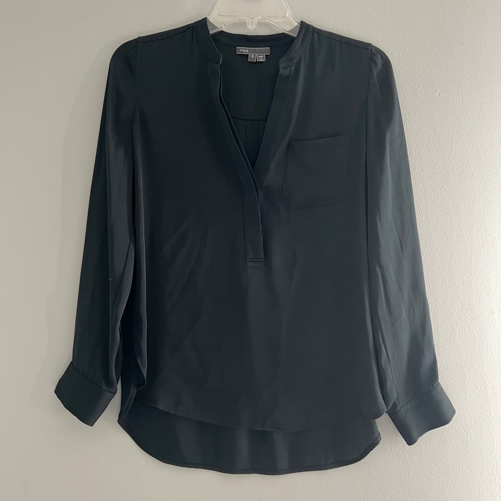 Vince Silk Blend Hi Low Popover Tunic Blouse Black Split Neck Pocket‎ Size 2